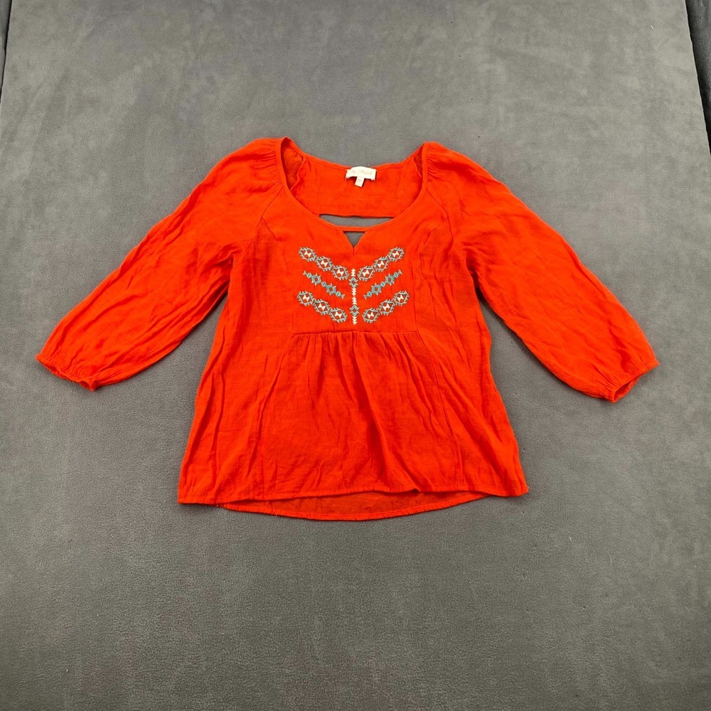 My Michelle Blouse Top Womens Large Orange Raglan Sleeve Keyhole Back Round Neck
